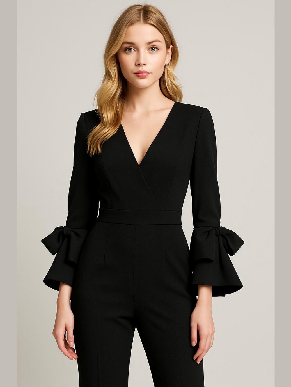 Donna Morgan Black V-Neck Jumpsuit with Flared Tie Sleeves